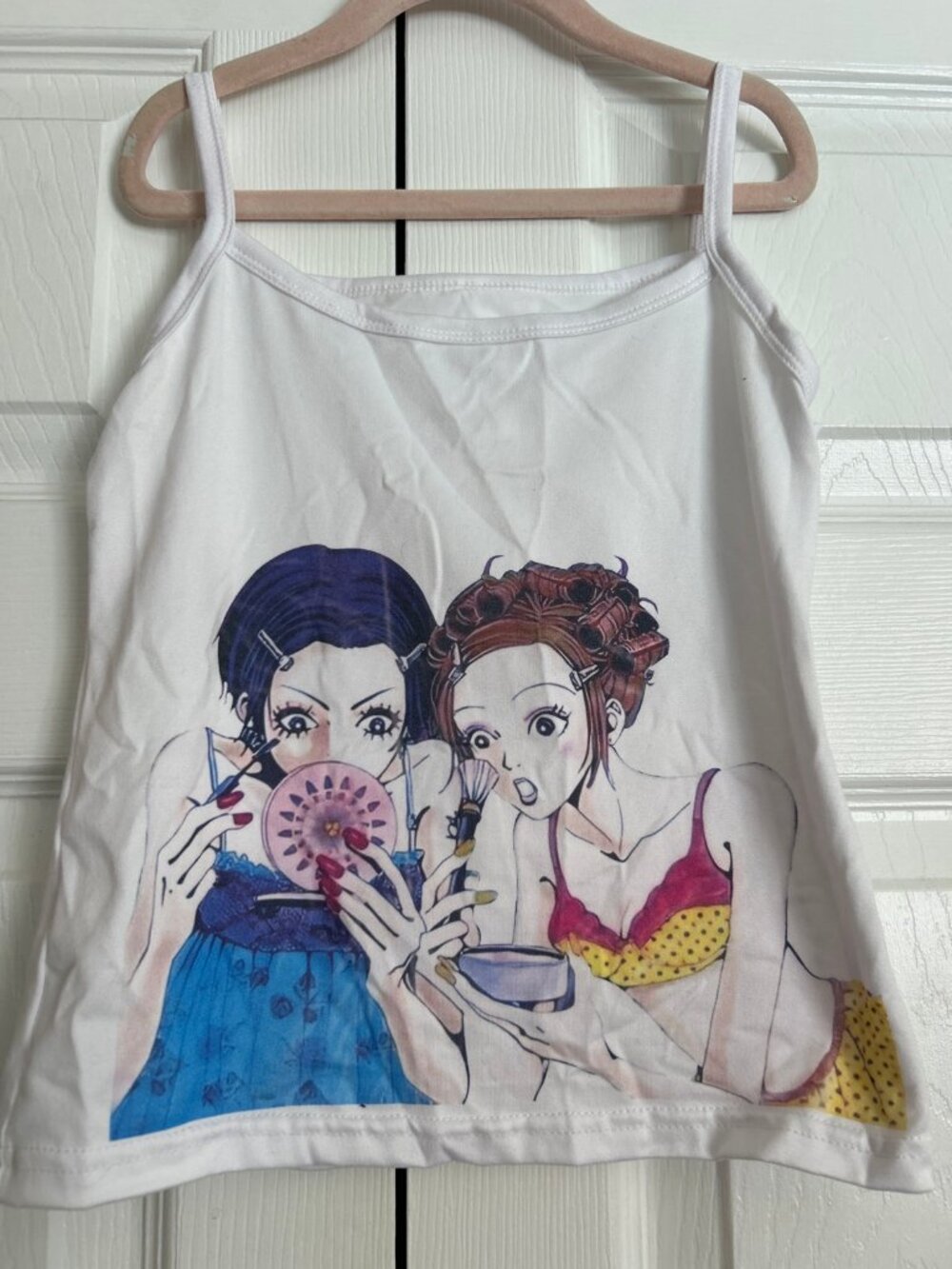 Y2K Anime Print Cami Top Girls Makeup Graphic Spaghetti Strap White Size S